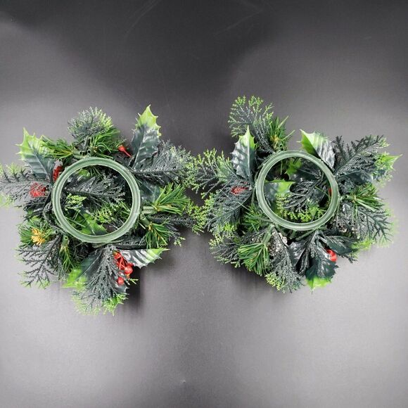 Vintage Christmas Candle Ring Holly Berry PAIR Plastic Centerpiece for 3" Pillar - Picture 12 of 16